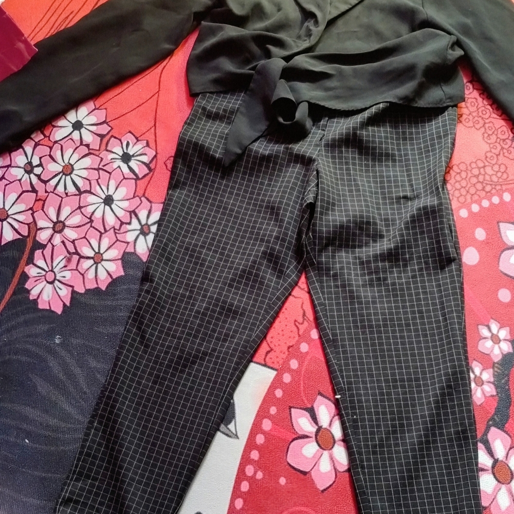 Elegant Black Wrap Top with Checkered Pants